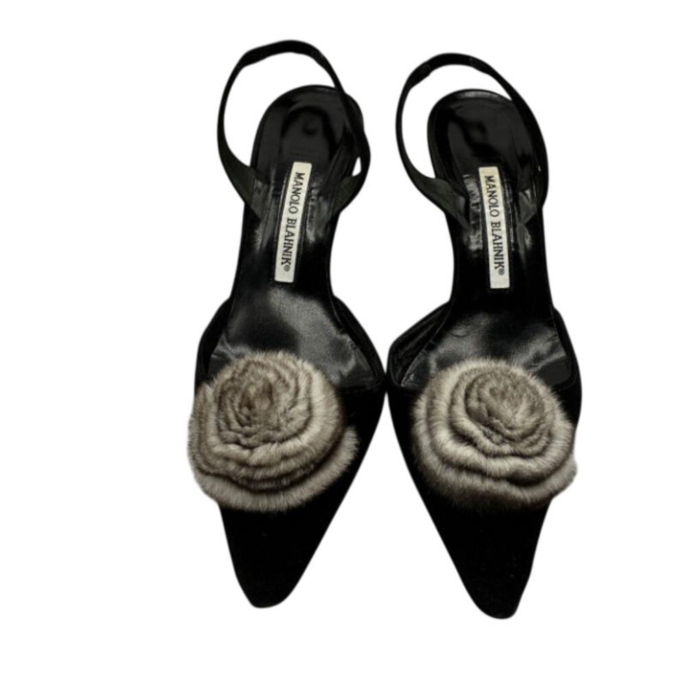 Manolo Blahnik Black Suede Mink Rose Slingback Heels Sz 39 Authenticated
